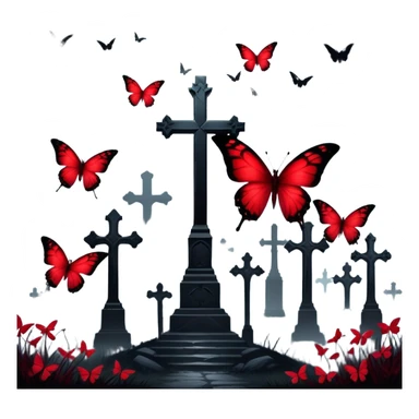 A mesmerizing scene where vibrant crimson butterflies dominate the foreground, their delicate wings glowing against the dark, misty background of shadowy Gothic crosses. The contrast between life and the eerie stillness of the crosses creates a haunting yet beautiful atmosphere. sticker