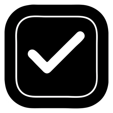 Create a rounded square checkbox icon with a solid black fill, thick white outline, and a bold white check mark inside. Match the style and contrast of the reference image for high visibility. Ensure no transparency except outside the icon. sticker