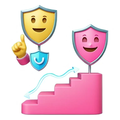 Minimalist 3D emoji-style podium with 2 steps on a green chroma key background. Step 1 (higher) features a handshake icon with blue neon glow. Step 2 (lower) features a smiling tooth with a shield icon and pink neon glow. Clean rendering, soft colors, uniform lighting sticker