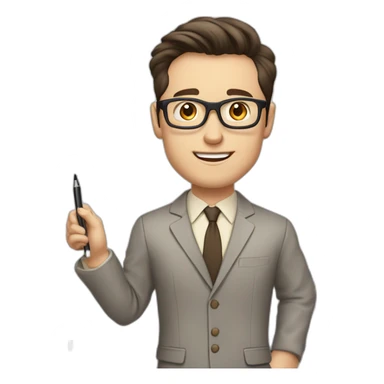 Pale skinned fit man with dark brown hair in gray jacket, beige office shirt, brown tie, brown pants and vintage glasses Writing on the marker board sticker