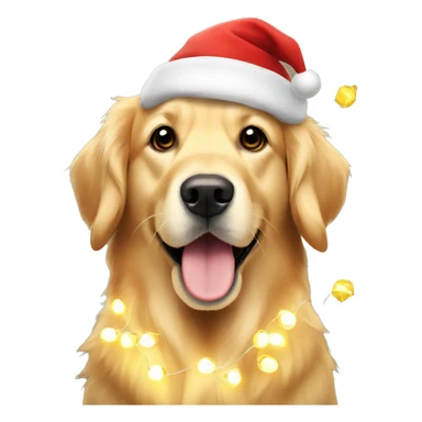Golden retriever with Christmas lights and hat sticker
