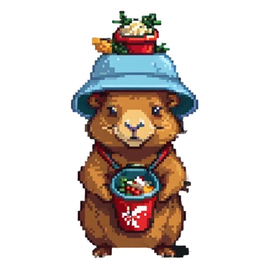 Capybara wearing a tiny KFC bucket as a hat on its head sticker