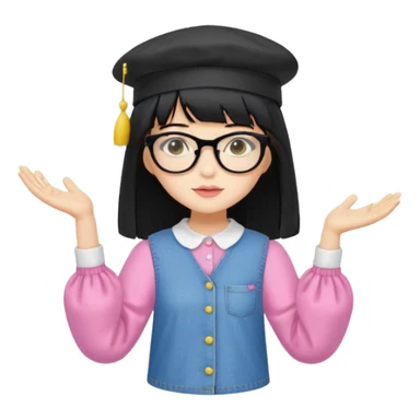 A yellow-skinned girl with long straight black hair, flat bangs, black frame glasses, a white puffy sleeve doll shirt, blue jeans and pink shoes, and a black painter's hat，no yellow spikes. sticker