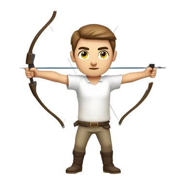 a male archer aiming with a bow facing  his target, eyes closed, wearing a white shirt, very short brown hair, bright skin, only show upper part of the body from waist up sticker