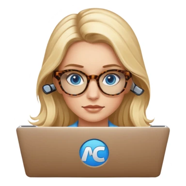  long blown out blonde hair woman blue eyes with tortoise shell print glasses on mac book  sticker
