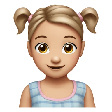 A toddler girl with 2 tiny pig tails on top of her hair with tiny bows, fair skin, blue eyes, brown hair, smiling, wearing a pastel shirt sticker