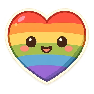 chibi sticker-style rainbow heart with pride flag colors, cute and exaggerated sticker