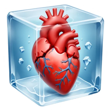 An artistic depiction of a human heart frozen in time, encased in a crystal-clear ice cube, symbolizing emotional coldness and isolation, cinematic lighting, high detail sticker