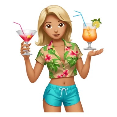 human female Unbuttoned Hawaiian shirt, swim trunks, shaking a cocktail shaker (sparks flying) sticker