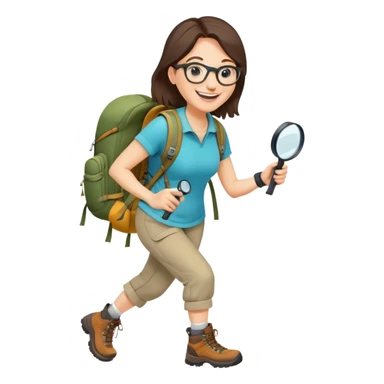 Extremely happy joyful woman in her late 30s with glasses wearing sporty outfit, hiking boots, and backpack, holding a magnifying glass with big smile sticker
