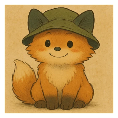 A cute, fluffy fox with a round head in the style of Studio Ghibli, wearing a hat. sticker