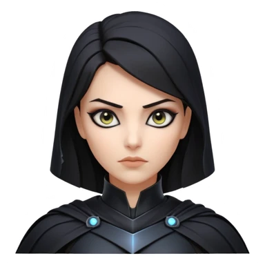 dark sci-fi villain female portrait, head and shoulders only, black armor, cape collar, intense eyes, sharp confident expression, subtle futuristic makeup, dramatic lighting, 3D cartoon, mobile game icon style, clean background, no text, no watermark
 sticker