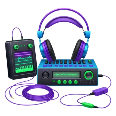 Create a creative and technical emoji that represents sound design. The design should feature a soundwave, a pair of studio headphones, and an audio synthesizer or soundboard to symbolize the manipulation and creation of unique soundscapes. Add subtle elements like audio cables, a mixing console, or a waveform to reflect the technical aspect of sound design. Use vibrant, futuristic colors like neon blue, purple, and green to represent innovation and creativity in sound. The background should be transparent. sticker