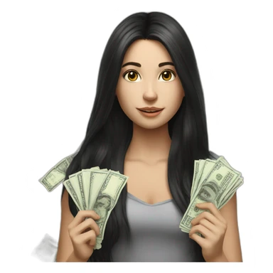 hyperrealist caucasian girl black long hair holding money sticker