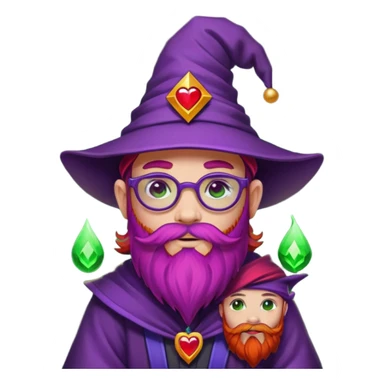 Cartoon DevOps wizard with red beard, no glasses, "I ❤️ YAML" shirt, purple hat, casting green magic. Grafana logo tattoos around eyes. GitOps patch on sleeve. Sticker style with clean outline, transparent background. sticker