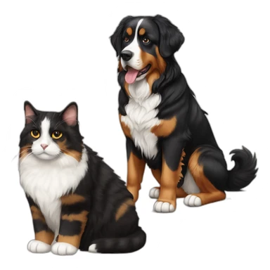 A Bernese dog beside A tortoiseshell cat without white sticker