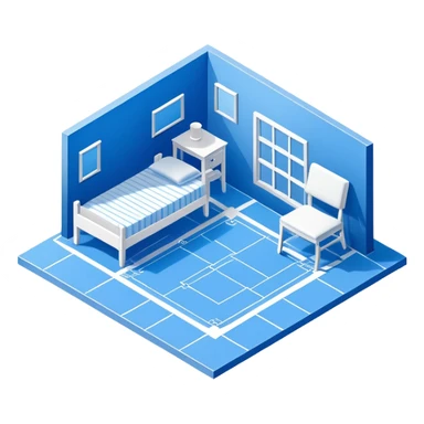 blue blueprint plan with white lines, isometric angle, shaded furniture or objects sticker