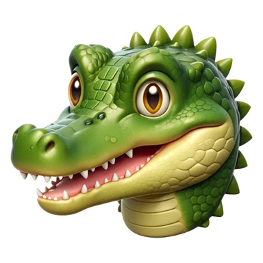 Cinematic Realistic Cute Crocodile Portrait Emoji, Head tilted playfully and inquisitively, featuring a robust, well-defined build with intricately detailed, glossy olive-green scales and a surprisingly endearing face with round, sparkling eyes full of unexpected charm, rendered with lifelike texture and natural highlights, high shine, affectionate and spirited, styled with a touch of wild whimsy, soft glowing outline, capturing the essence of a mischievous yet lovable crocodile that seems poised to snap playfully out of the screen into your arms! sticker