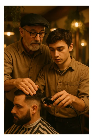 Inside a cozy barbershop with soft lighting, an experienced barber gently teaches his apprentice, guiding his hands as they cut hair together. The room is filled with warmth, plants hanging from the ceiling, and the hum of clippers sticker