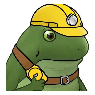 Make the baby oil bottle look like a construction worker with a hard hat and tool belt, in the green bufo frog meme style, no background. sticker