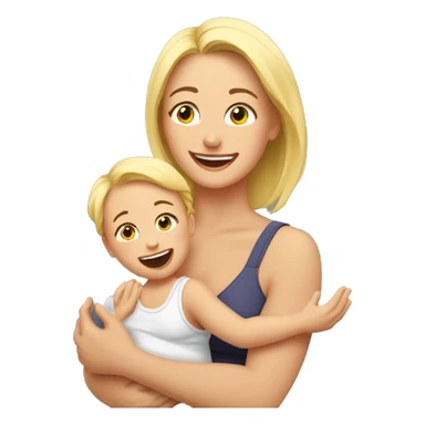 an EMOJI of a young mother with blonde hair, waist-up portrait, joyfully lifting baby in the air. The mother is lifting the baby with raised hands high above hear head and they look into each other eyes sticker