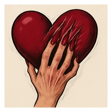 женская рука с маникюром вгоняет когти в винного цвета сердце и сильно раздирает царапает его (пальцы полусогнуты ногти вогнаны в царапины) рисованный стиль, ориентируйся на референсы по стилю и по уровню разодранности серца sticker