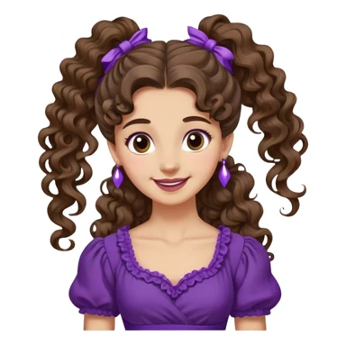 Femme aux cheveux longs et bruns, attachés en une queue-de-cheval haute et bouclée. Une mèche retombe sur son front. Elle porte une robe violette de style antique et a un sourire espiègle. sticker