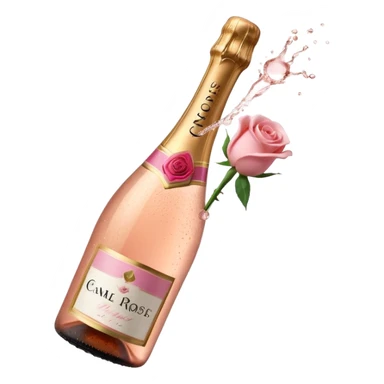 bottle of sparkling rosé champagne with a rose logo on the label, with the cork popping out from the top, tilted up and to the left, no glass sticker
