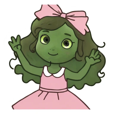 brown girl with long brown curly hair and bows in her hair waving wearing pink  sticker