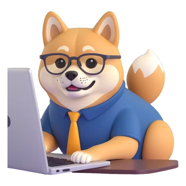 shiba inu with eye glasses and computer sticker
