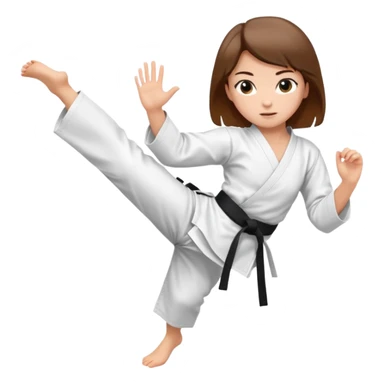 Ragazza castana che pratica karate, ha la cintura nera ed io tradizionale kimono bianco del karate, tira un calcio laterale oppure un pugno oppure è in posizione di guardia sticker