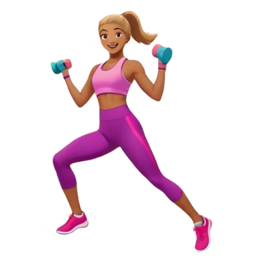 An energetic person performing an aerobics workout in a brightly lit gym, jumping and stretching with enthusiasm. The scene includes vibrant fitness equipment like dumbbells and exercise mats, with a background of cheerful, motivating colors, conveying energy and movement. sticker