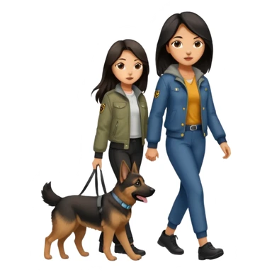 A girl with rather long brown-black hair is walking her German Shepherd. She's dressed very nicely in cute pants and a stylish jacket. sticker
