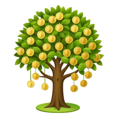 Apple-style money tree (10 coints), round soft green canopy.
No pot, no ground — only the tree.
Small gold coins as fruits inside the leaves (not below).
Flat 2D vector, clean shapes, no gradients.
Dark near-black background, premium fintech icon. sticker