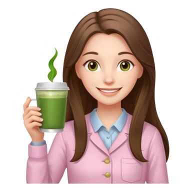 happy white long brunette hair girl with hazel eyes wearing light pink who is holding matcha sticker
