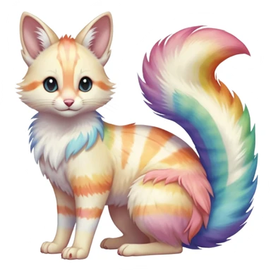  cute adorable pastel-iridescence-gradients albino fur with random colorful iridescent rainbow markings beautiful elegant pretty precious cute  Fakémon-Pokémon-opossum-feline-serval-caracal-chinchilla-Minccino-hybrid-creature with a big fluffy bushy striped tail (full body) sticker
