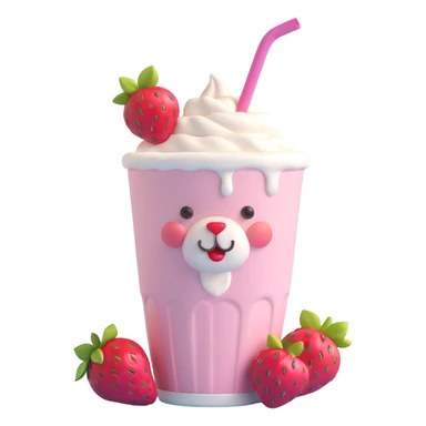 3D iOS style strawberry milkshake cup with a straw, bear character peeking out, two strawberries with green leaves, pink cherry blossoms, pastel palette, soft shadows, minimal design sticker