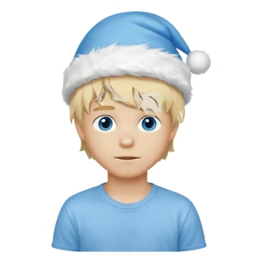 create boy blonde hair long messy, light eyes, white t shirt, rich, long hair, eyes blue, acessory head cristimas blue hat, fluffy hair sticker
