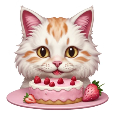 Close-up portrait of a fluffy cat eating a strawberry cake, pink cream on its nose and whiskers, detailed fur texture, soft natural light, shallow depth of field, high resolution, cute and candid moment
 sticker