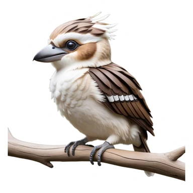 cinematic-kookaburra-realistic-full-body-perched-emoji,-compact-sturdy-frame-balanced-on-a-weathered-branch,-brown-and-white-feathered-wings-folded-neatly,-bold-striped-face-with-a-mischievous-glint-in-its-eye,-massive-sharp-beak-slightly-open-as-if-ready-to-laugh,-simplified-yet-realistic-focused-features,-highly-detailed,-glowing-with-a-warm-golden-light sticker