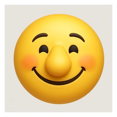 Create a yellow smiley face emoji with a large nose and the same facial expression as the reference image. The style should be 3D iOS emoji style, capturing the exact look and feel of the original emoji. Add a slight blush to the cheeks. sticker
