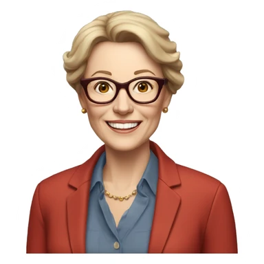 Woman in her 60s, with auburn hair, pale skin, glasses, brown eyes, smiling wearing a red blazer, collared shirt,  jeans sticker