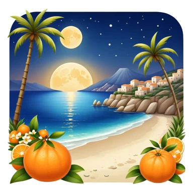 Moonlight on Mediterranean seashore with mandarin as fruits and flowers sticker