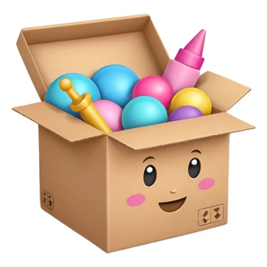 cardboard box with toys, pink sticker
