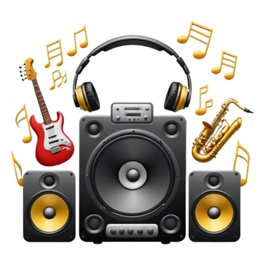 Icon for R&B Music Listening: large concert speakers and headphones with waves of musical notes coming out, along with drums, bass guitar and saxophone. The icon should convey the energetic and rhythmic vibe of R&B music. Transparent background sticker