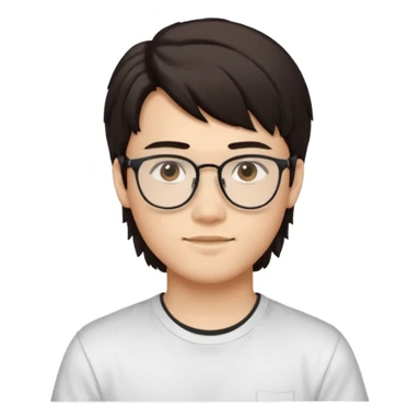 iOS-style emoji
Young man, about 18 years old, with slightly masculine features.
 Slightly Asian eyes, light skin tone, friendly and expressive face.
Accessories and details: Glasses, very dark brown hair, mullet style (short, structured).
Background and clothes: White background and white t-shirt. sticker