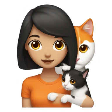 Brunette girl with brown eyes, holding a tricolor  black white and orange cat. Cat has one side of the face orange and the other side black. Mouth is white sticker