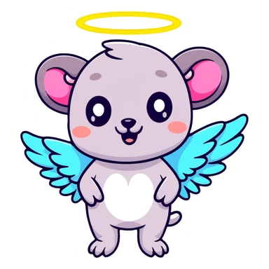 possum with angel wings, sparkles, glowing halo, vibrant neon colors, cute big eyes sticker