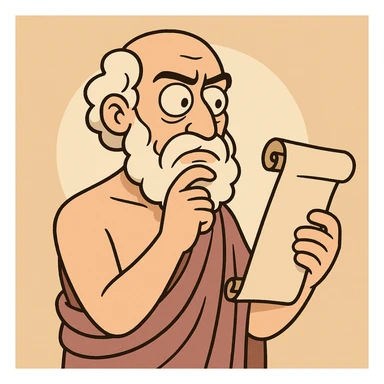 ancient Greek philosopher with thoughtful expression holding a scroll in classic cartoon style sticker