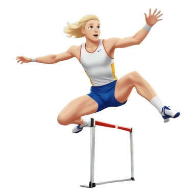 An icon of an white-skined athlete soaring over a hurdle, mid-jump, with a powerful form. The background features a vibrant stadium, with the track and hurdles in sharp focus, and a cheering crowd along the stands. The motion of the jump emphasizes speed and agility. Transparent background. sticker